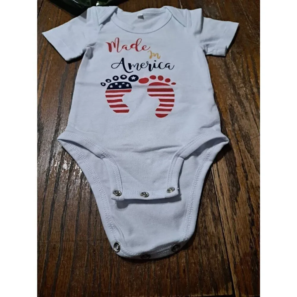 New 0-6 Month White Red Blue Made in America One Piece Bodysuit